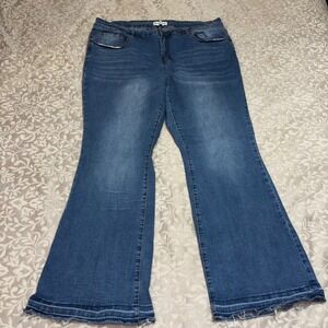 Honey & Bristle Premium Denim Flare Jeans Raw Hem Blue Plus Size 24W Stretch F38